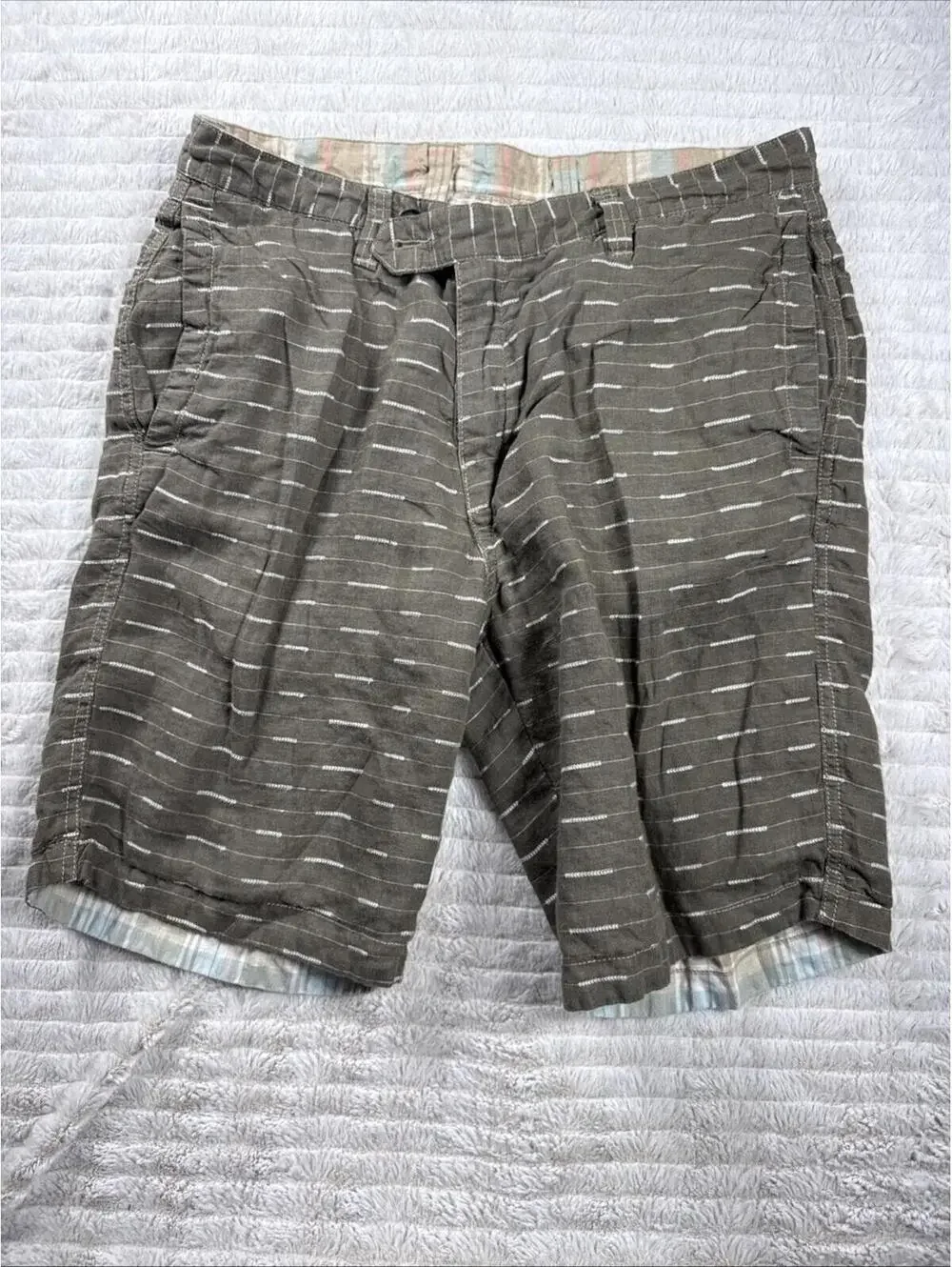 Tommy Bahama Shorts Mens‎ 32x9” Beige Plaid Reversible Green 100% Linen Summer